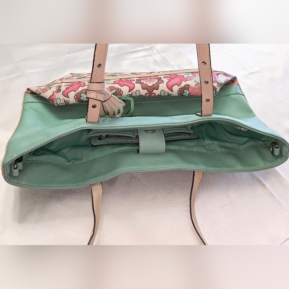 Ellen Tracy Faux Leather Tote Shoulder Bag Purse Turquoise With Floral Trim - Picture 10 of 13